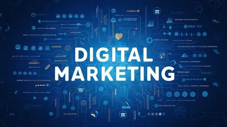 Futuristic digital marketing concept graphic from the best freelance digital marketing consultant in Ernakulam.